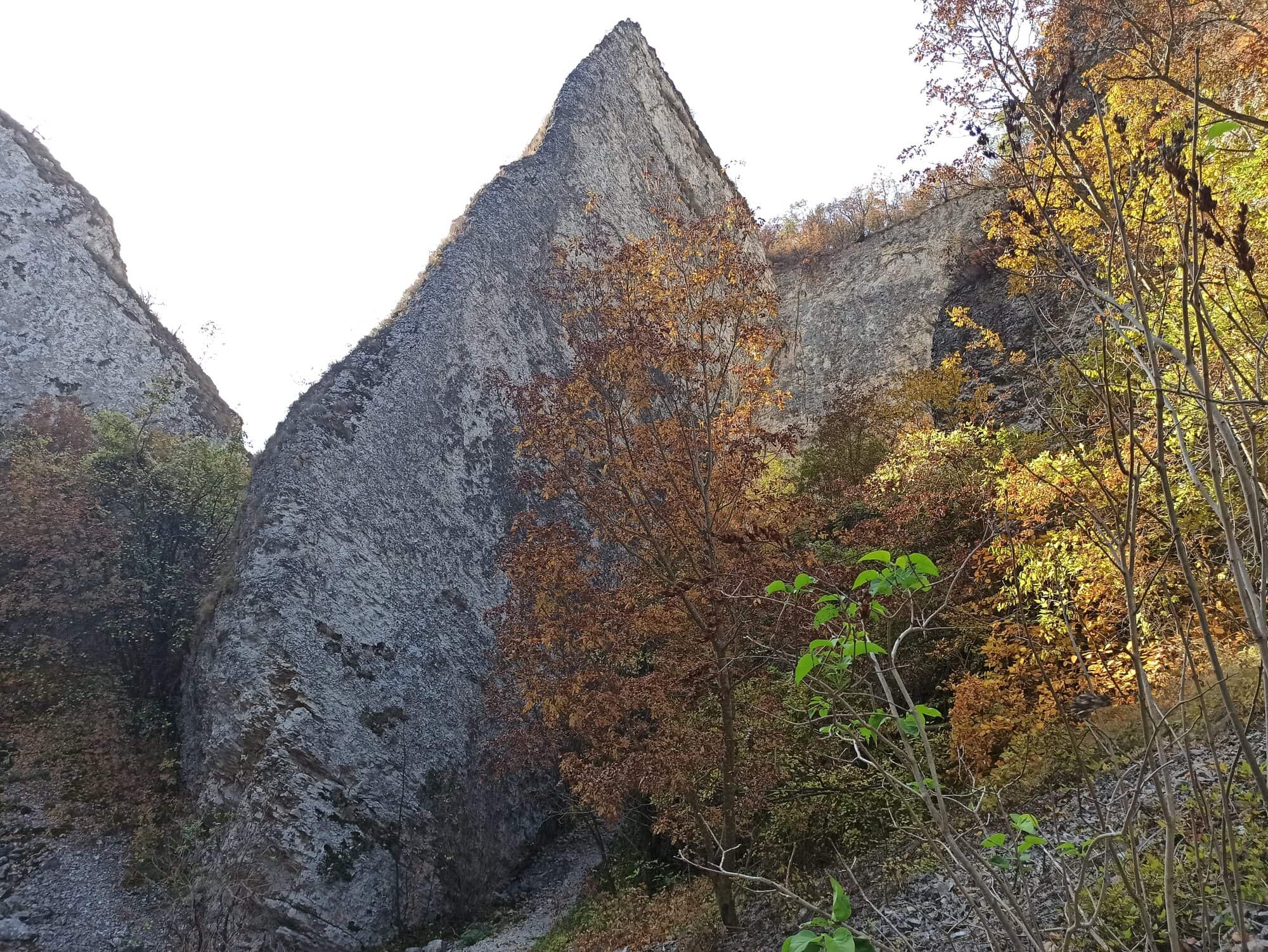 Високи варовикови форми сред есенни дървета в Калето